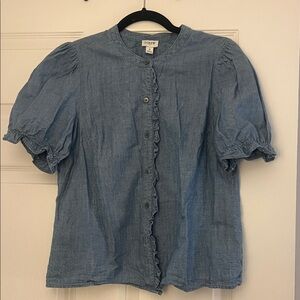 J. Crew Blue Ruffle Button-Up Blouse